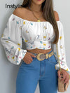 Boho Floral Crop Top Bardot and Long Sleeves