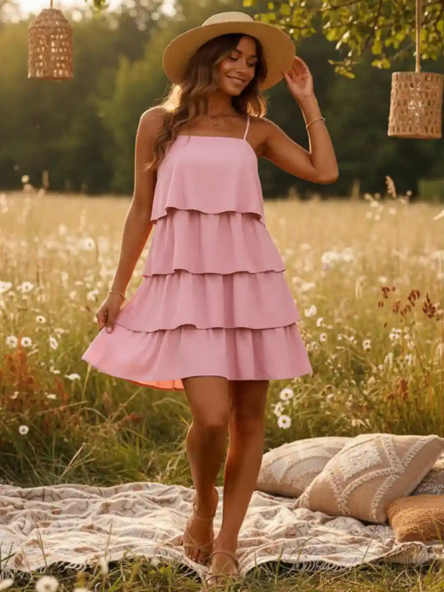 Trapeze Mini Dress in Bohemian style in Light Pink