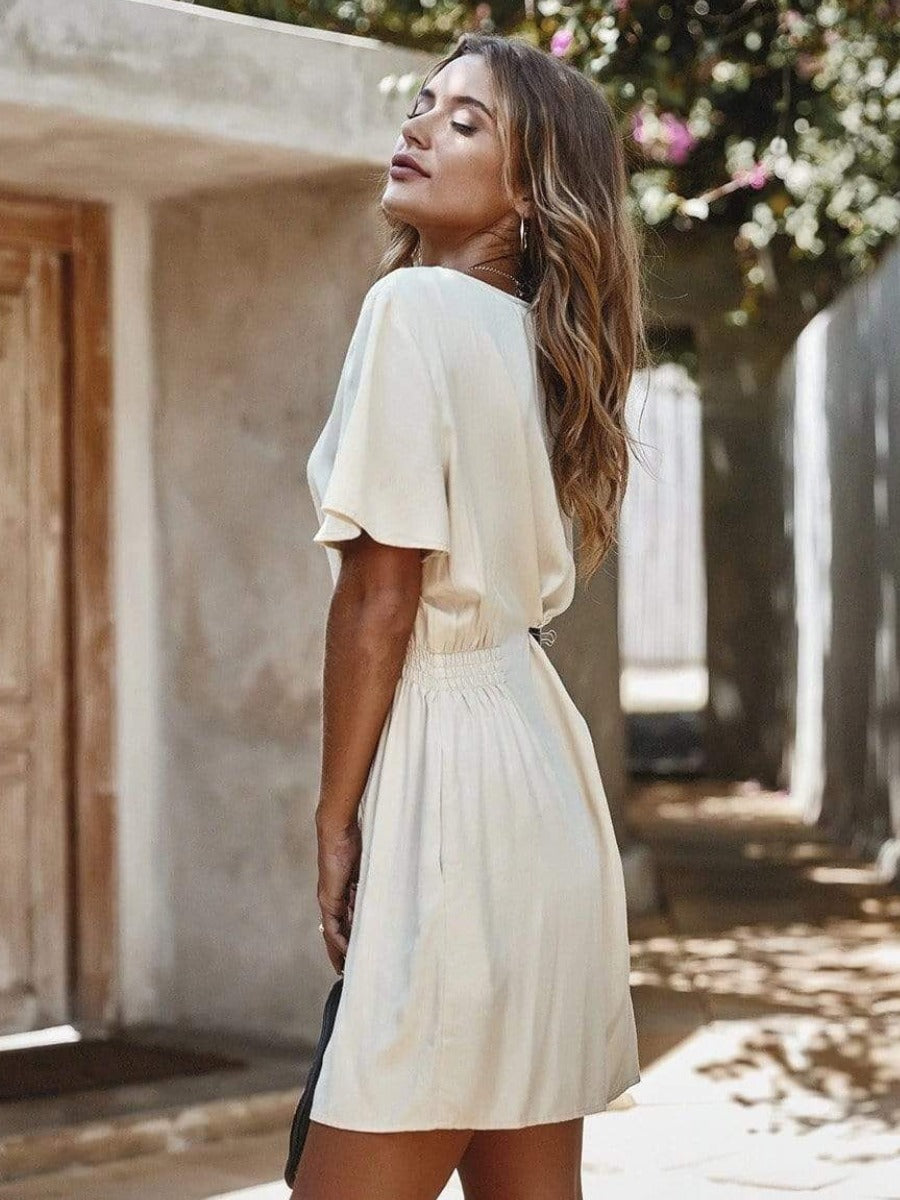 Button through Boho Mini Dress in White