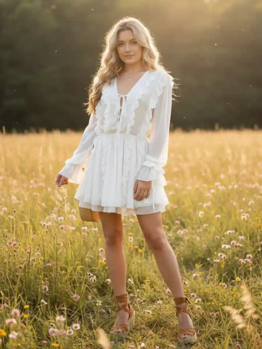 boho romantic dresses A-line Romantic Long Sleeve Wedding Dress Boho Lace Bridal Dresses RYU SELINADRESS