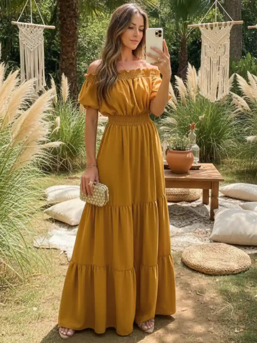 bobo maxi dress Yellow Boho Fresh Cottons Waist shaping darts on Black leather skirt outfit Color:Black Peacock