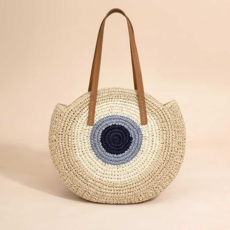 Boho Straw Round Beach Tote Bag