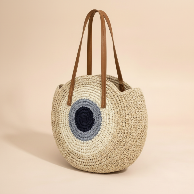 Boho Straw Round Beach Tote Bag