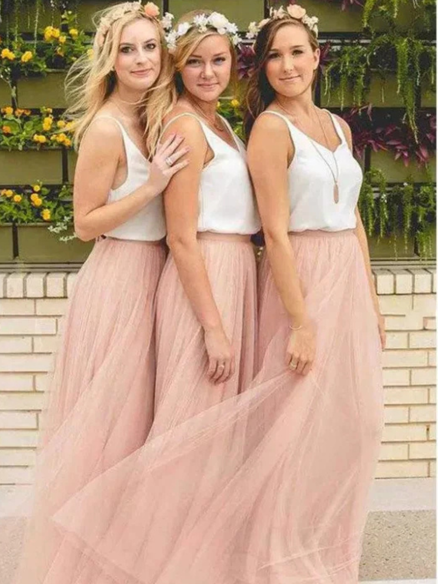 Boho Dress, White Top / Peach Bottom in Tulle