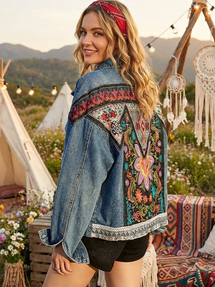 Hippie Denim Jacket with Ethnic Print
