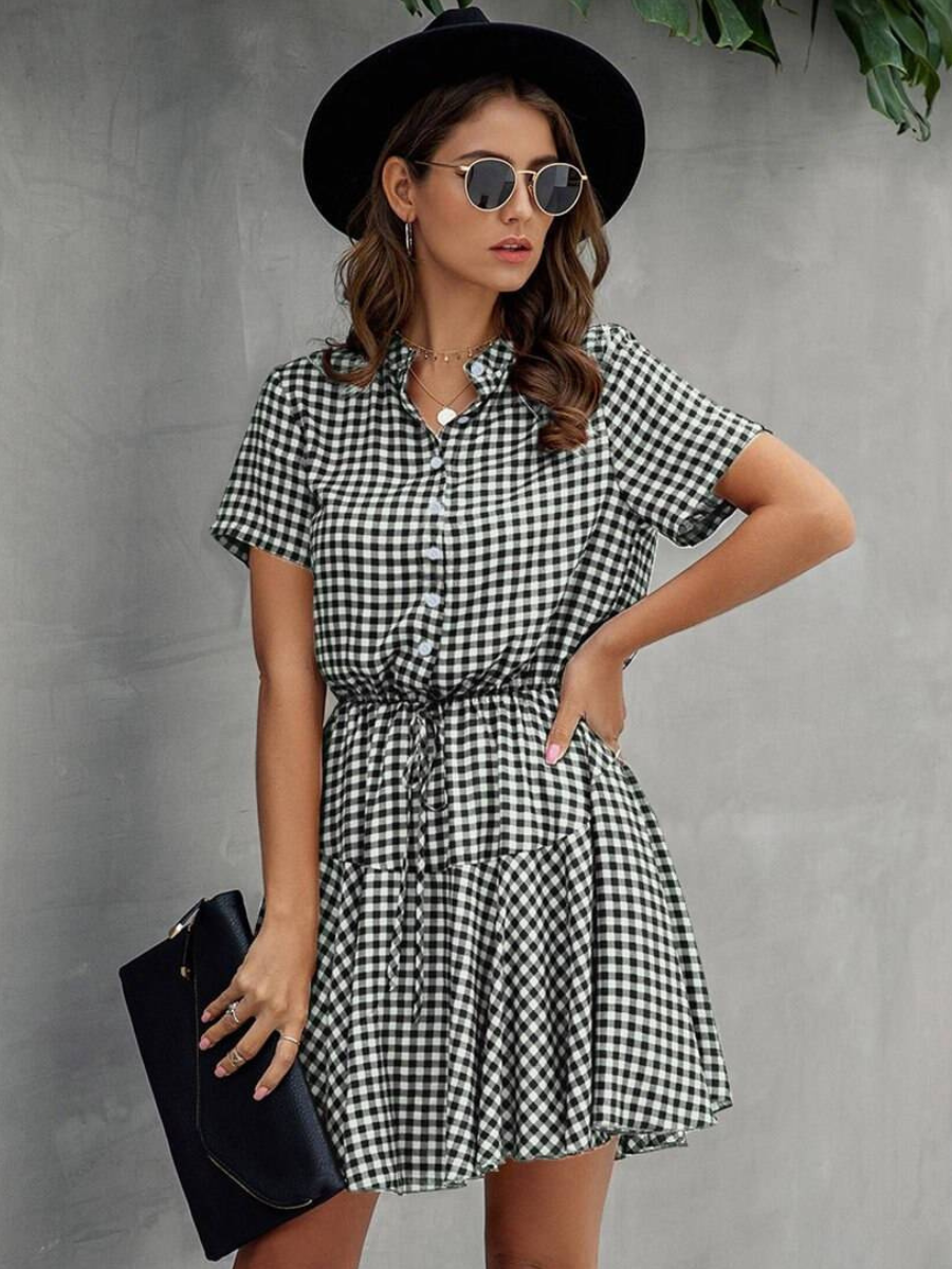 BOHO Gingham Mini Dress in Black/White