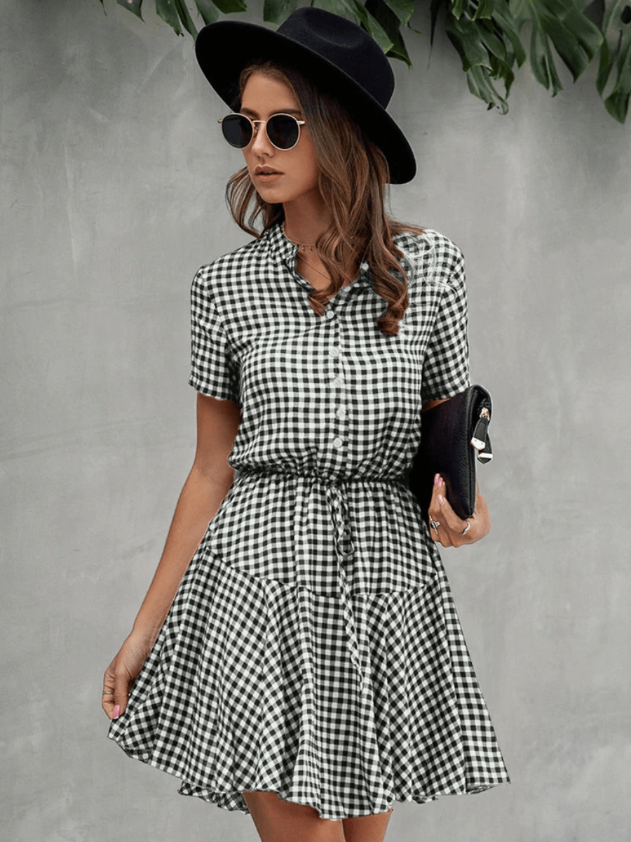 BOHO Gingham Mini Dress in Black/White