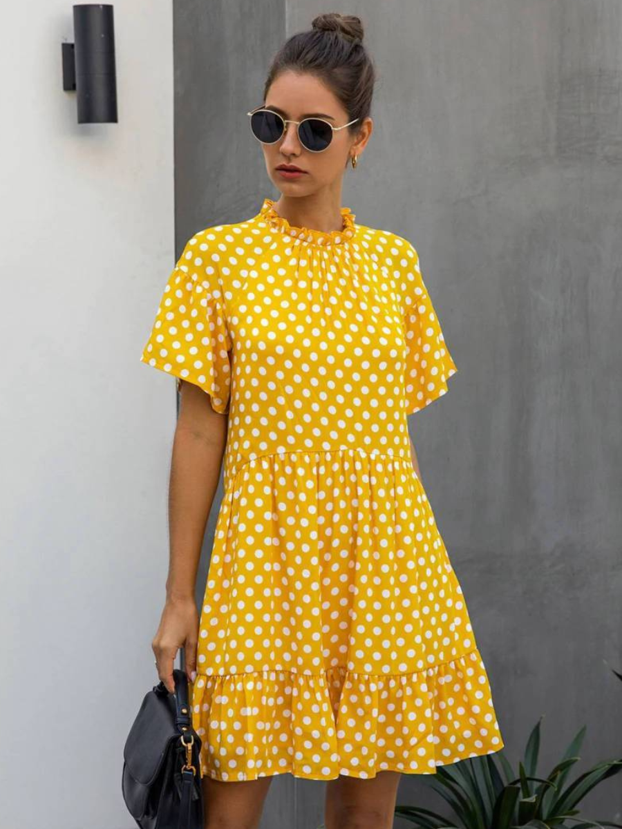 Retro Boho Dress in Yellow with Polka Dots