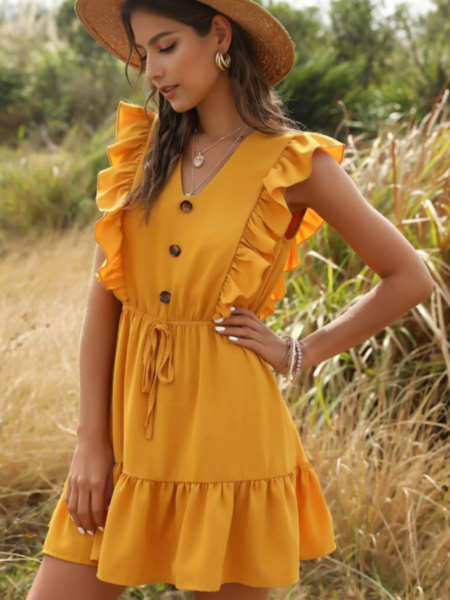 Ruffled Yellow Mini Hippie Dress