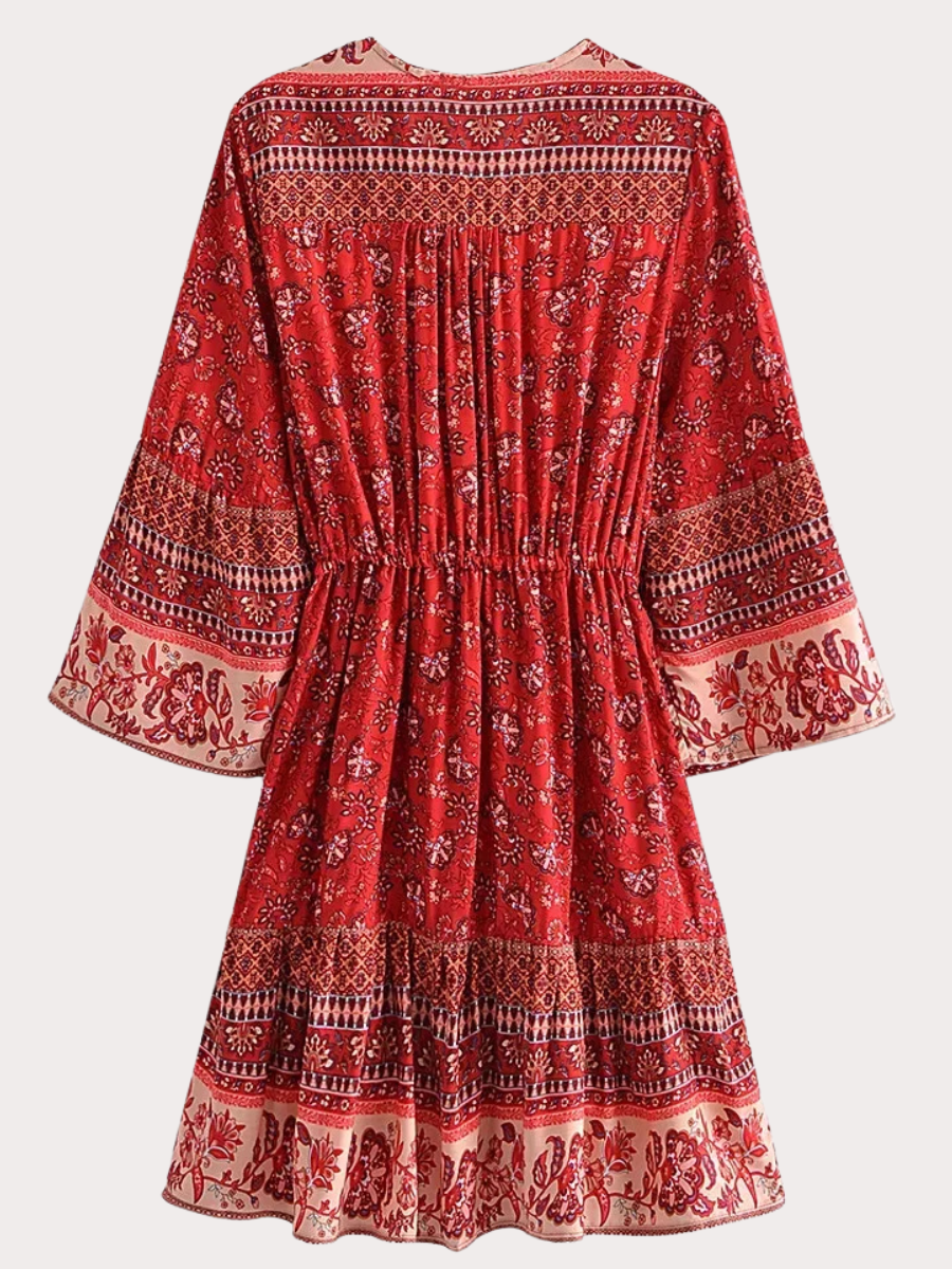 Boho Red Floral Wrap Mini Dress