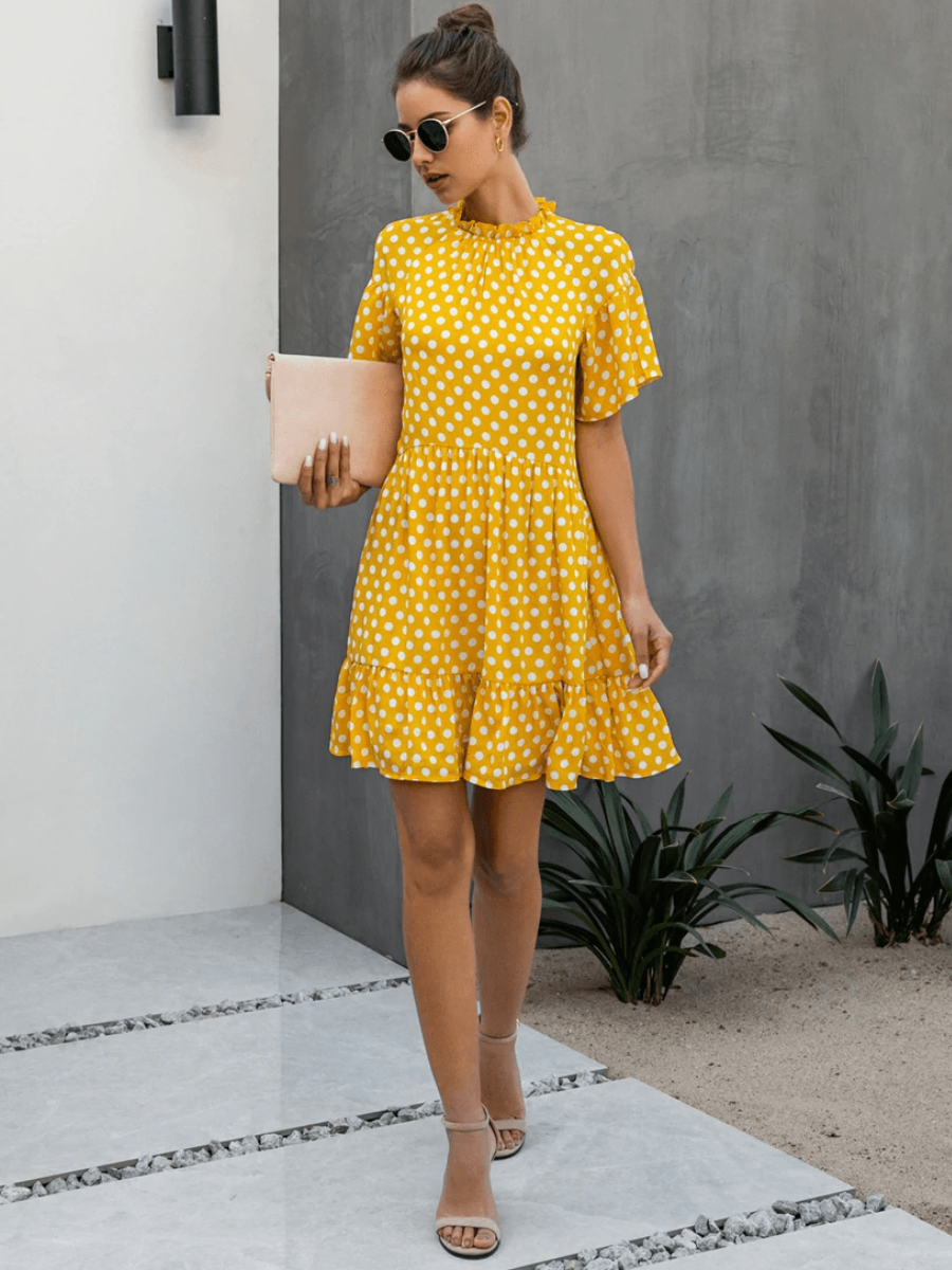 Retro Boho Dress in Yellow with Polka Dots