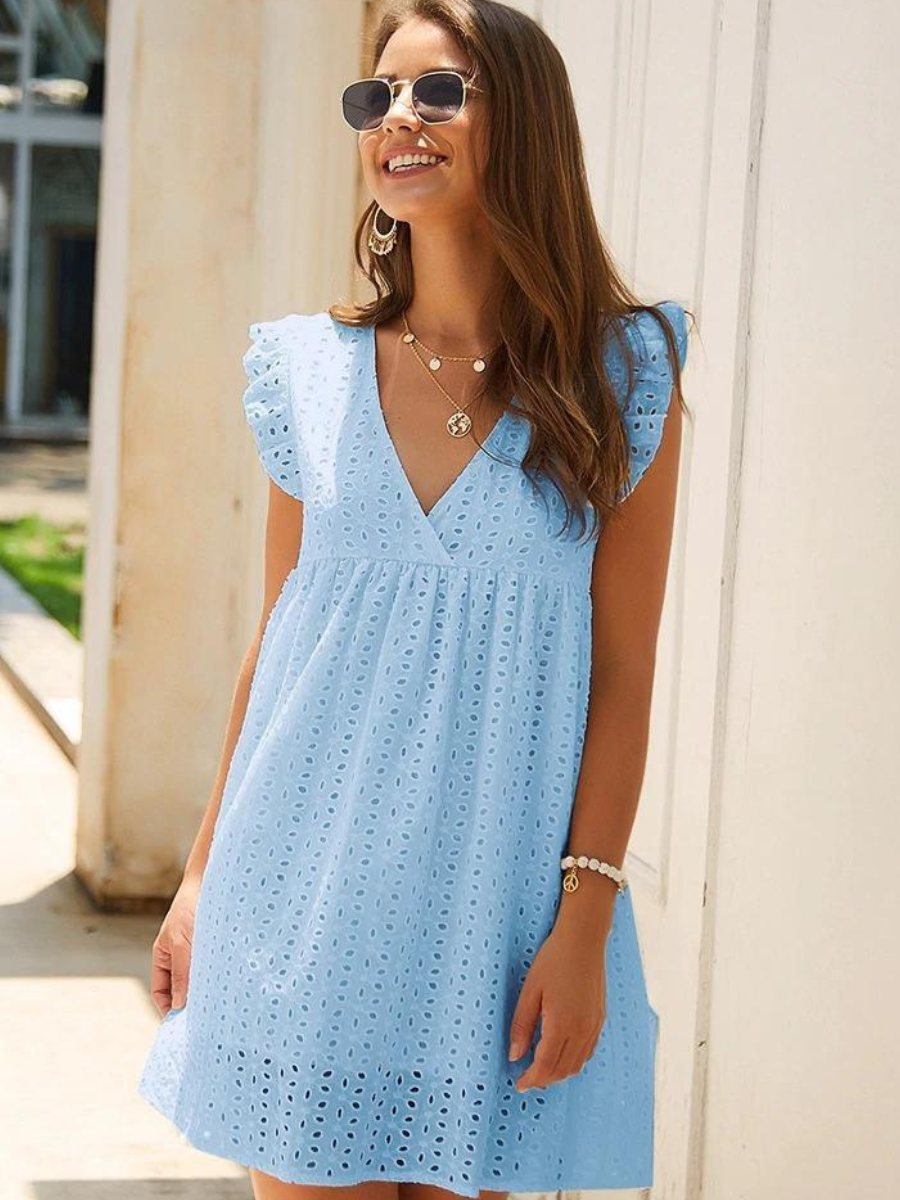 Blue Boho Mini Dress with embroideries
