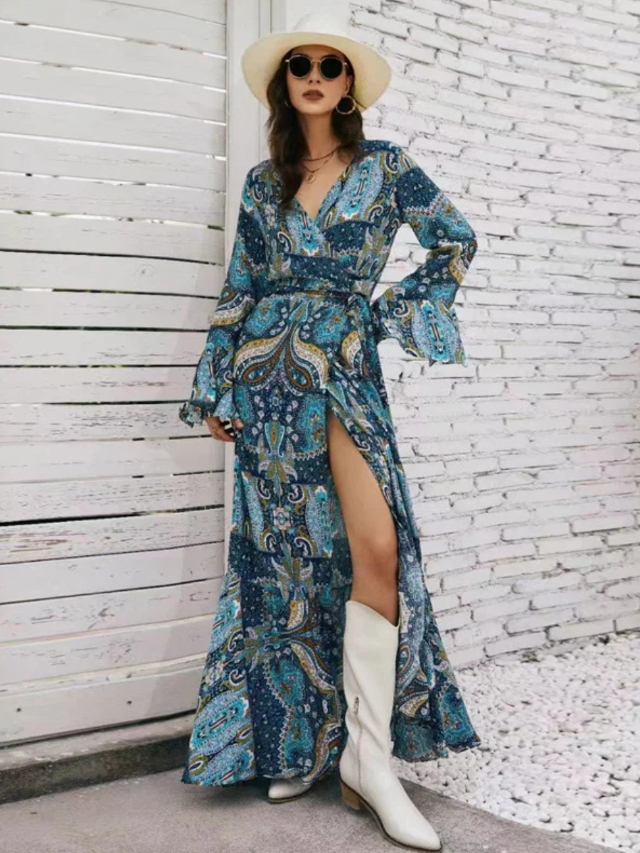Blue Boho Long Sleeve Maxi Dress - Main Image