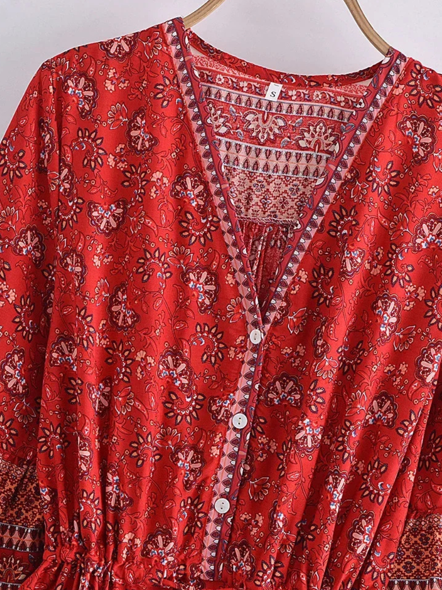 Boho Red Floral Wrap Mini Dress