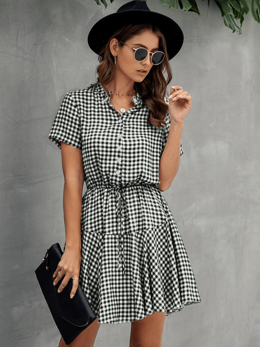 BOHO Gingham Mini Dress in Black/White