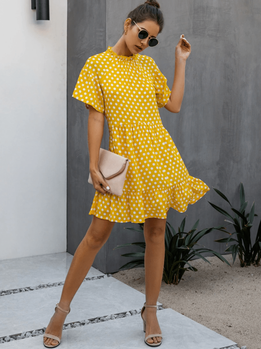 Retro Boho Dress in Yellow with Polka Dots