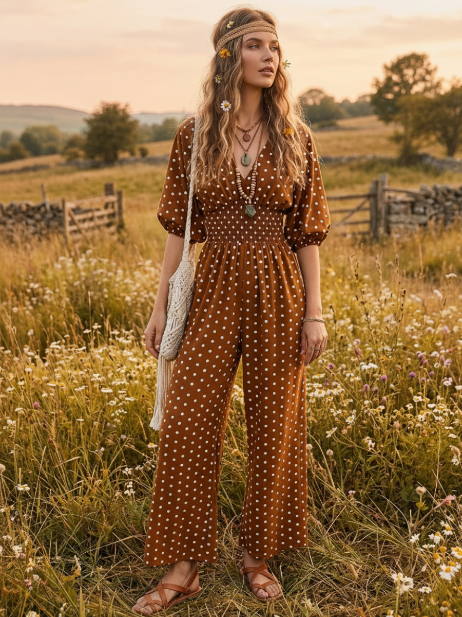 Boho Romper Wide Leg V-neck with Dots