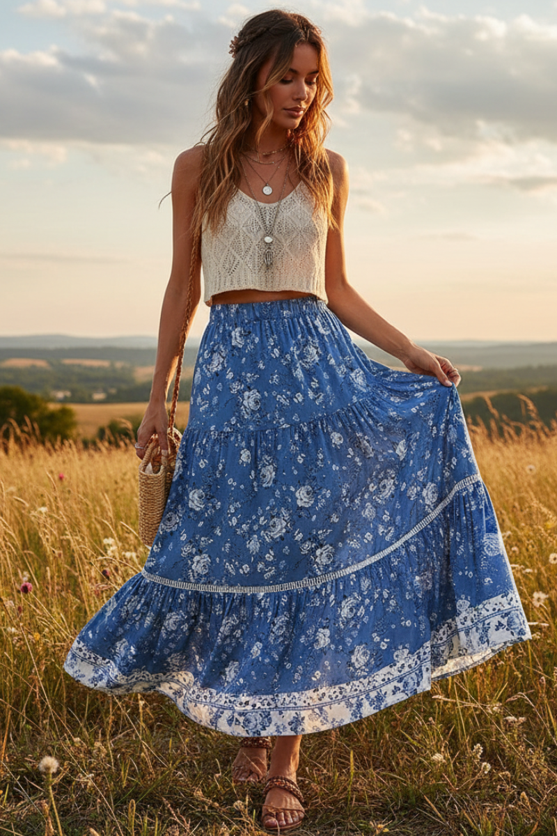 Floral Print Summer Boho Maxi Skirt