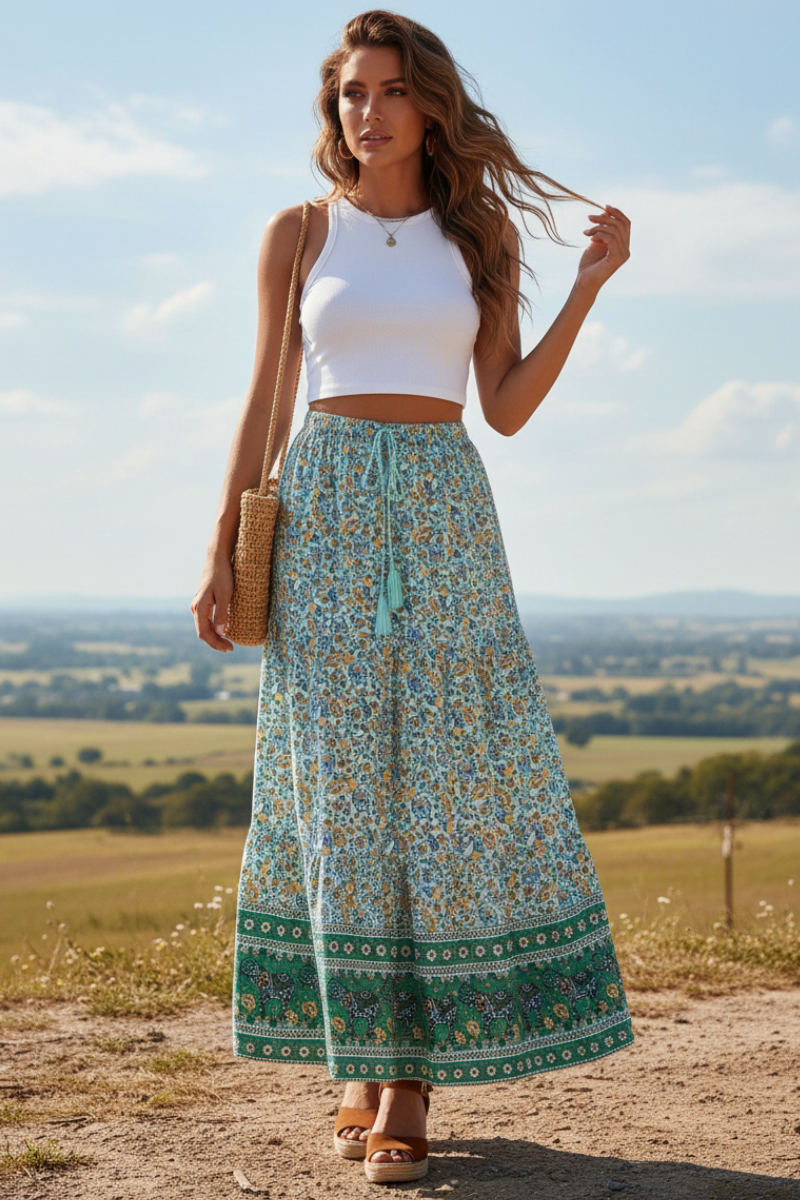 Boho Hippie Floral Print Skirt