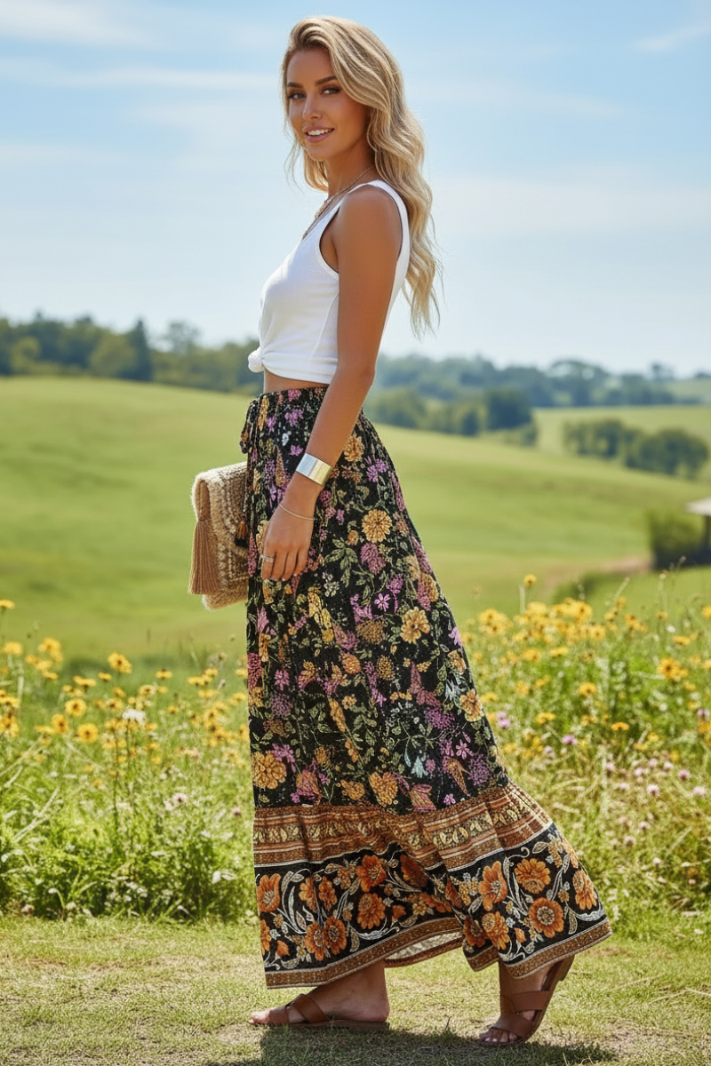 Floral Print Bohemian Maxi Skirt