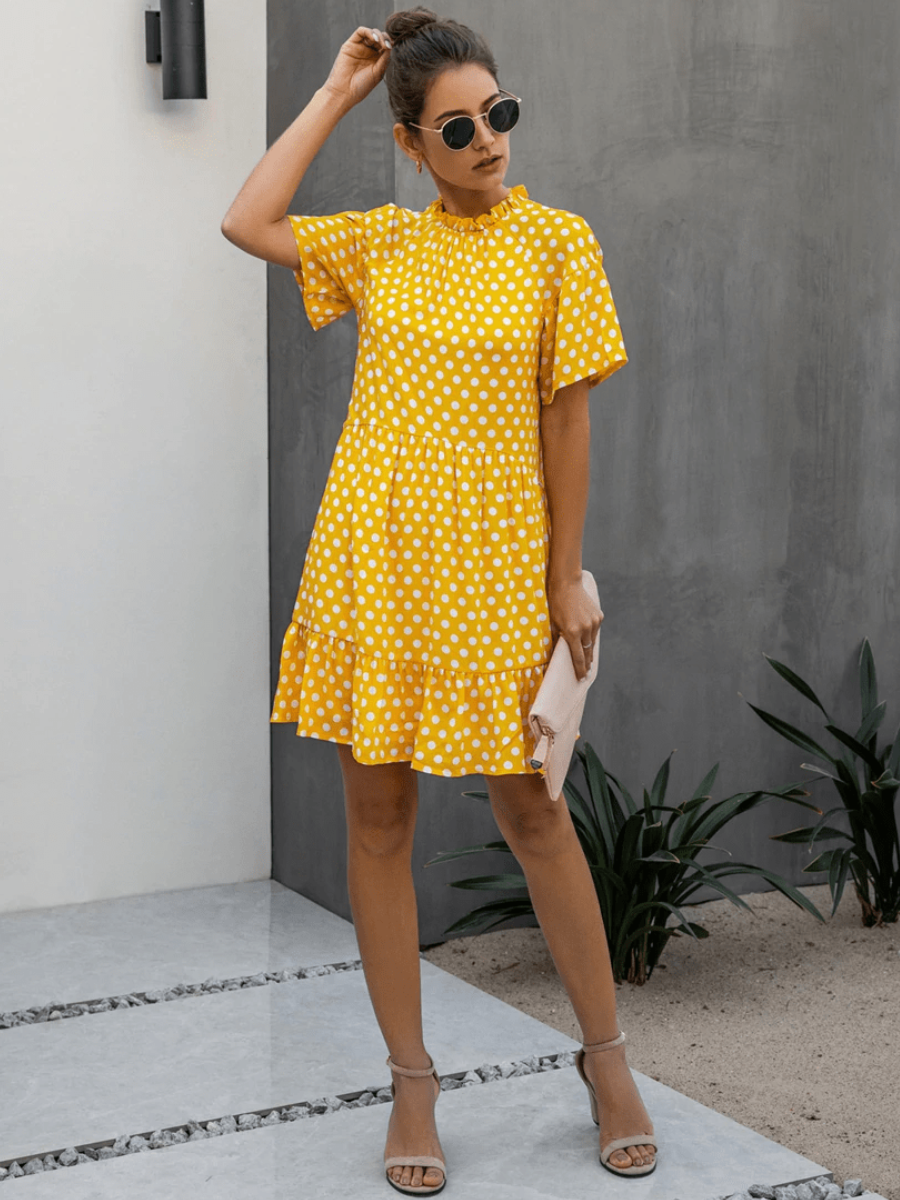 Retro Boho Dress in Yellow with Polka Dots