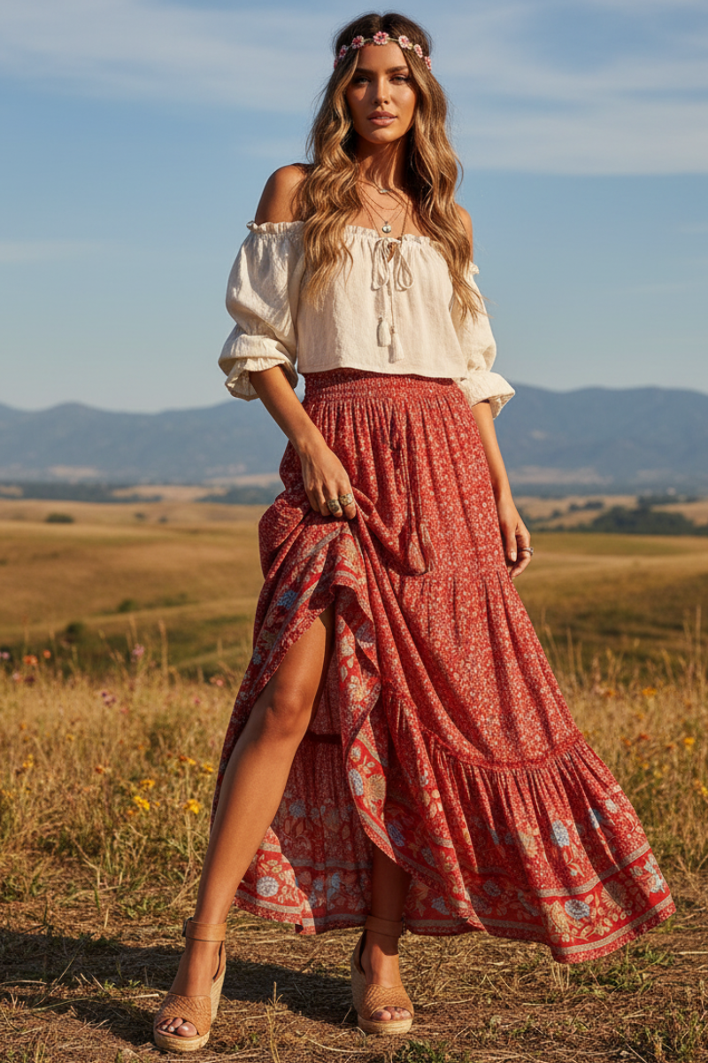 Elastic Waist Boho Maxi Skirt