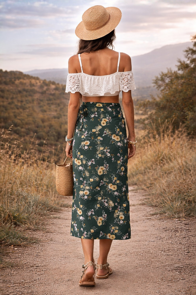 Boho Split Floral Skirt in Forest Green