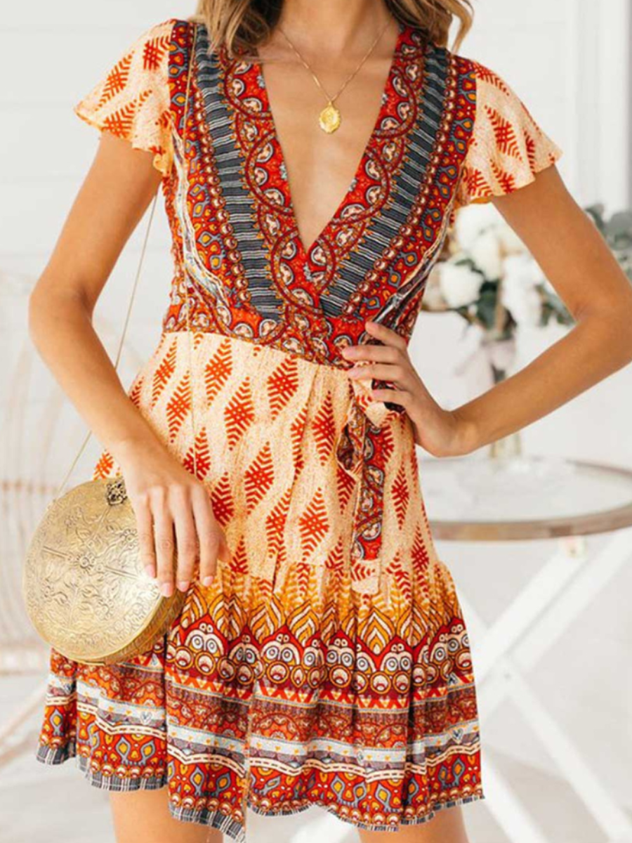 Boho Wrap Warm Colors Mini Dress