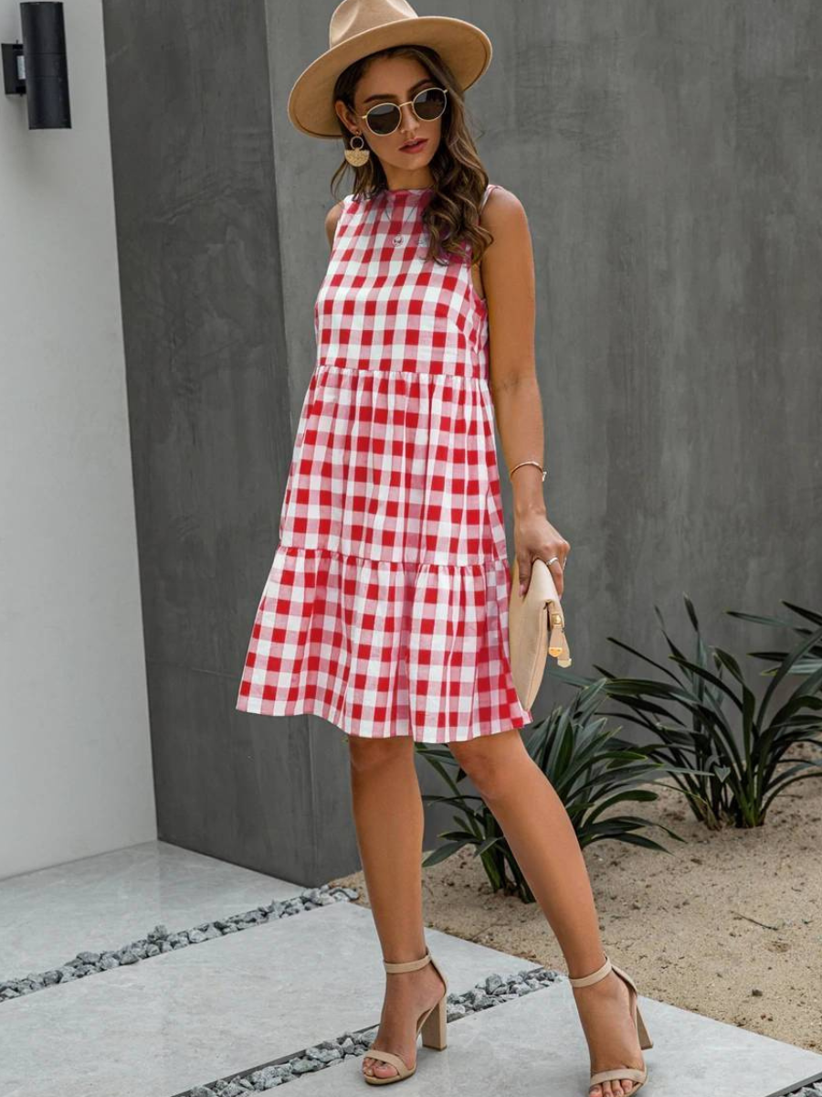Hippie dress with red plaid pattern
