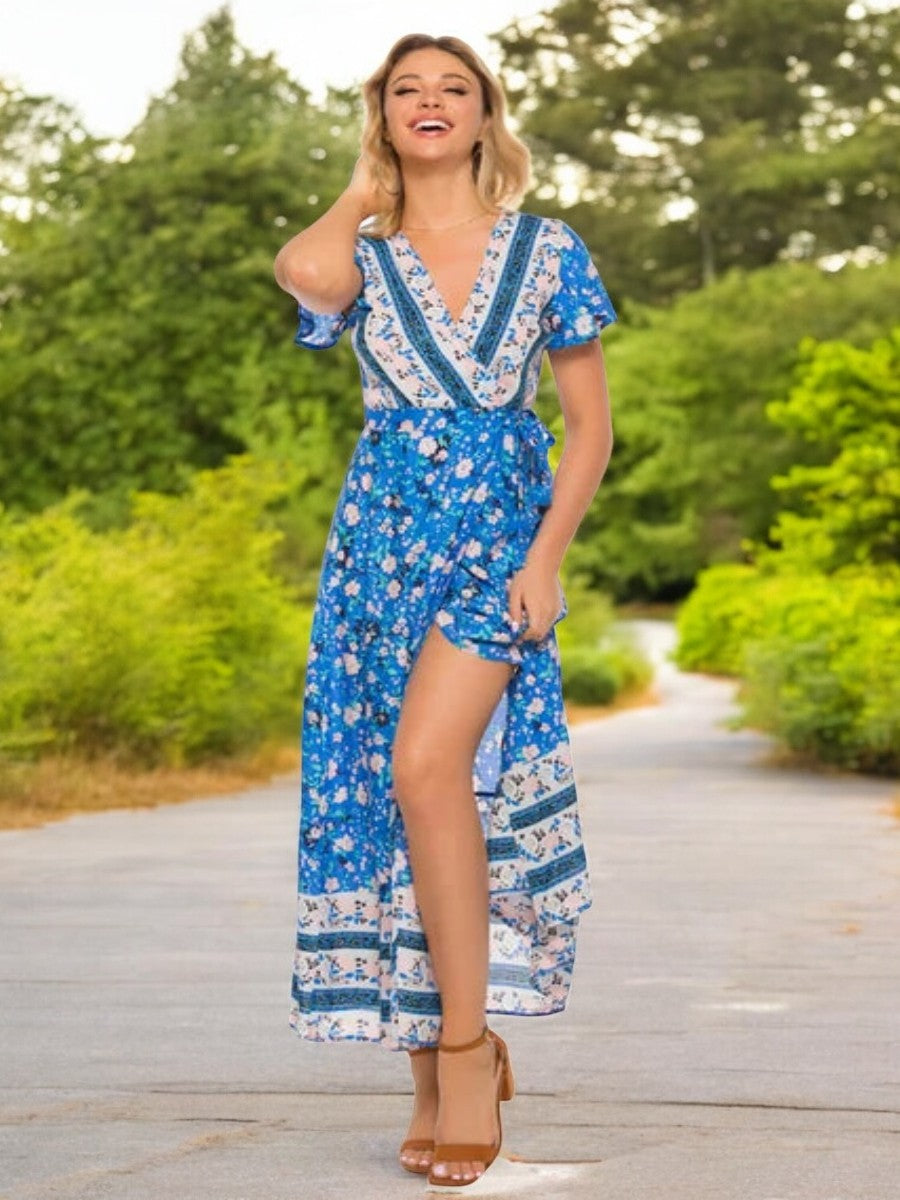 Boho Maxi Dress Bright Blue Floral
