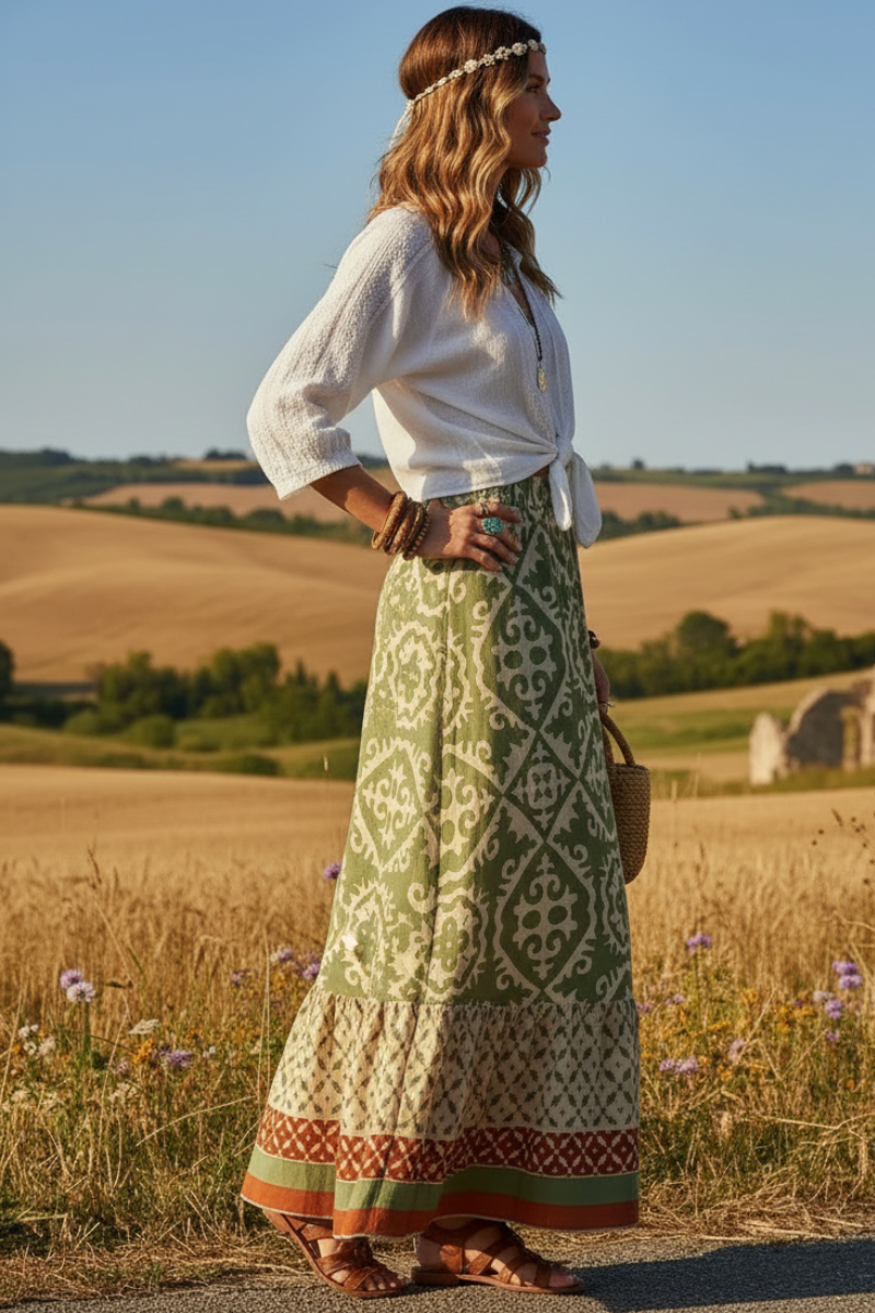 High Waist Boho Print Long Skirt