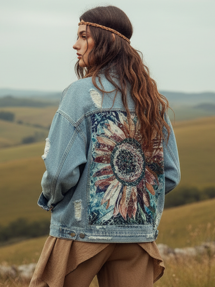 Hippie Torn Denim Flowered Jacket