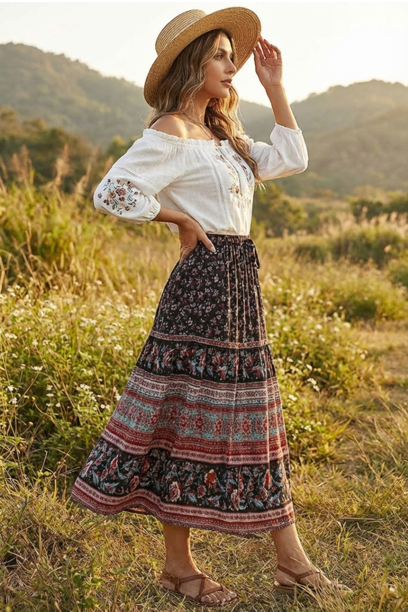 Boho Black Floral Print Skirt