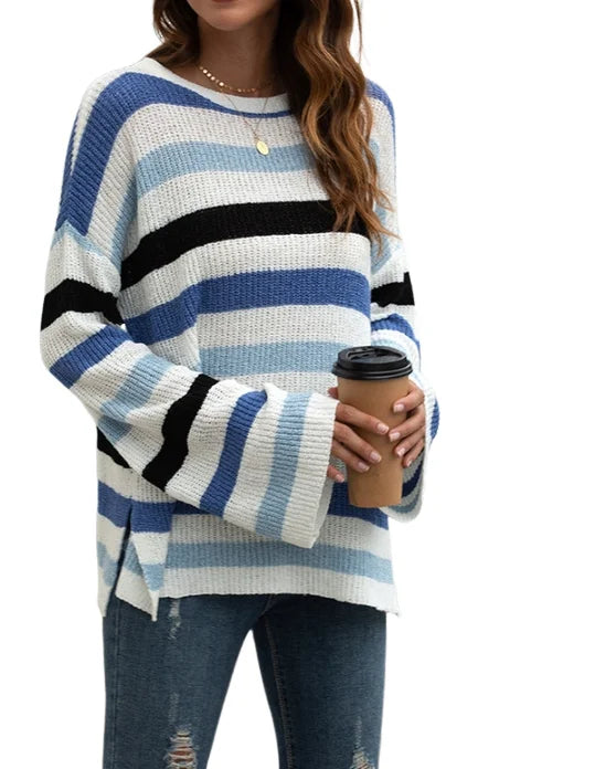 Women's Boho Sweater - Multi Color Striped Pullover