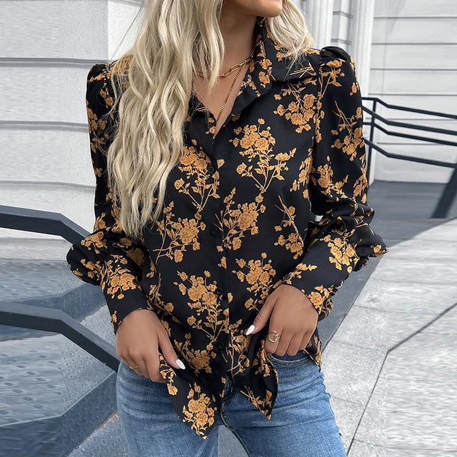 Willow & Root Floral Bell Sleeve Boho Top - Women's Shirts/Blouses in Black