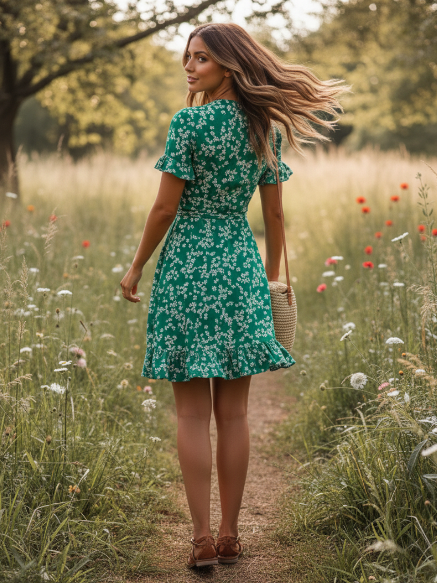Green Boho Flower Print Mini Dress