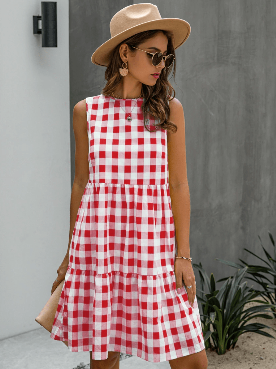Hippie dress with red plaid pattern