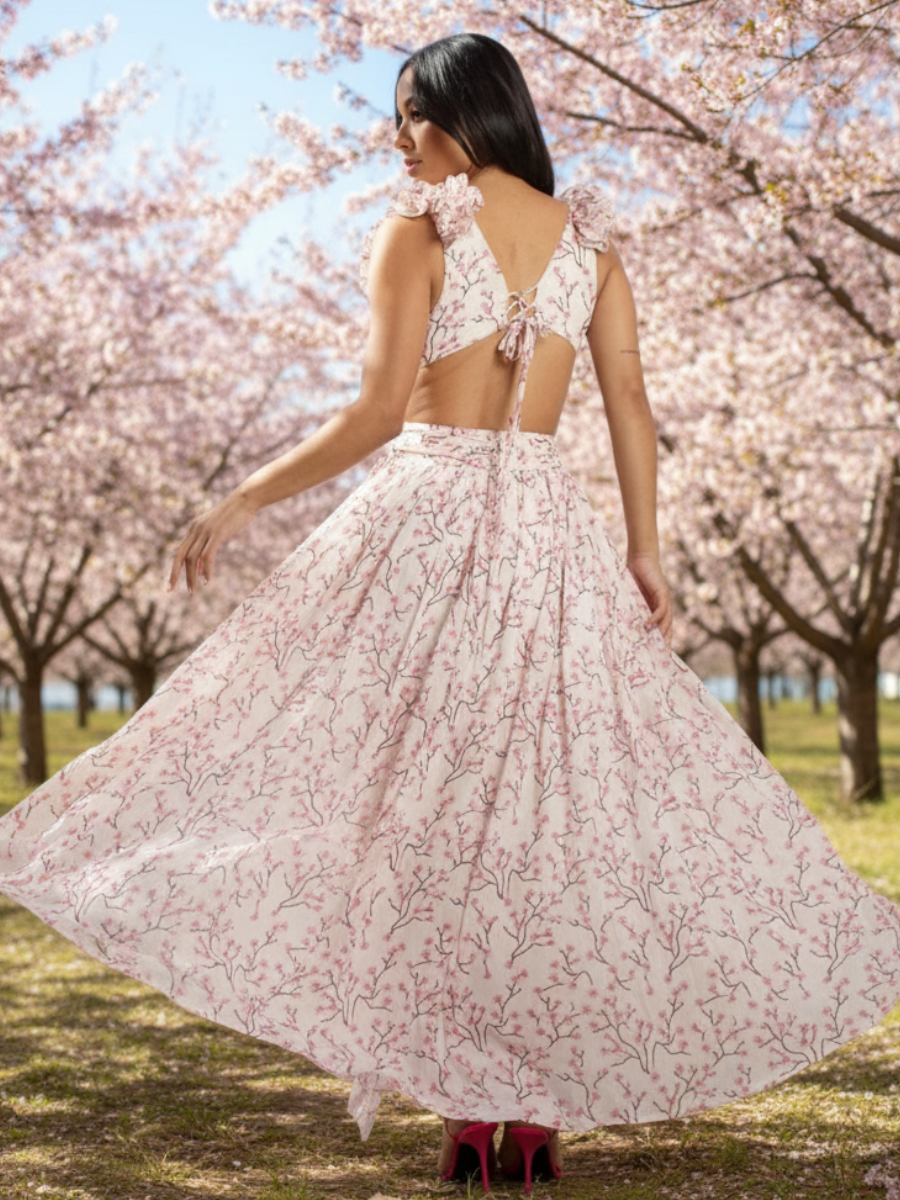 Deep V-Neck Backless Floral Dress