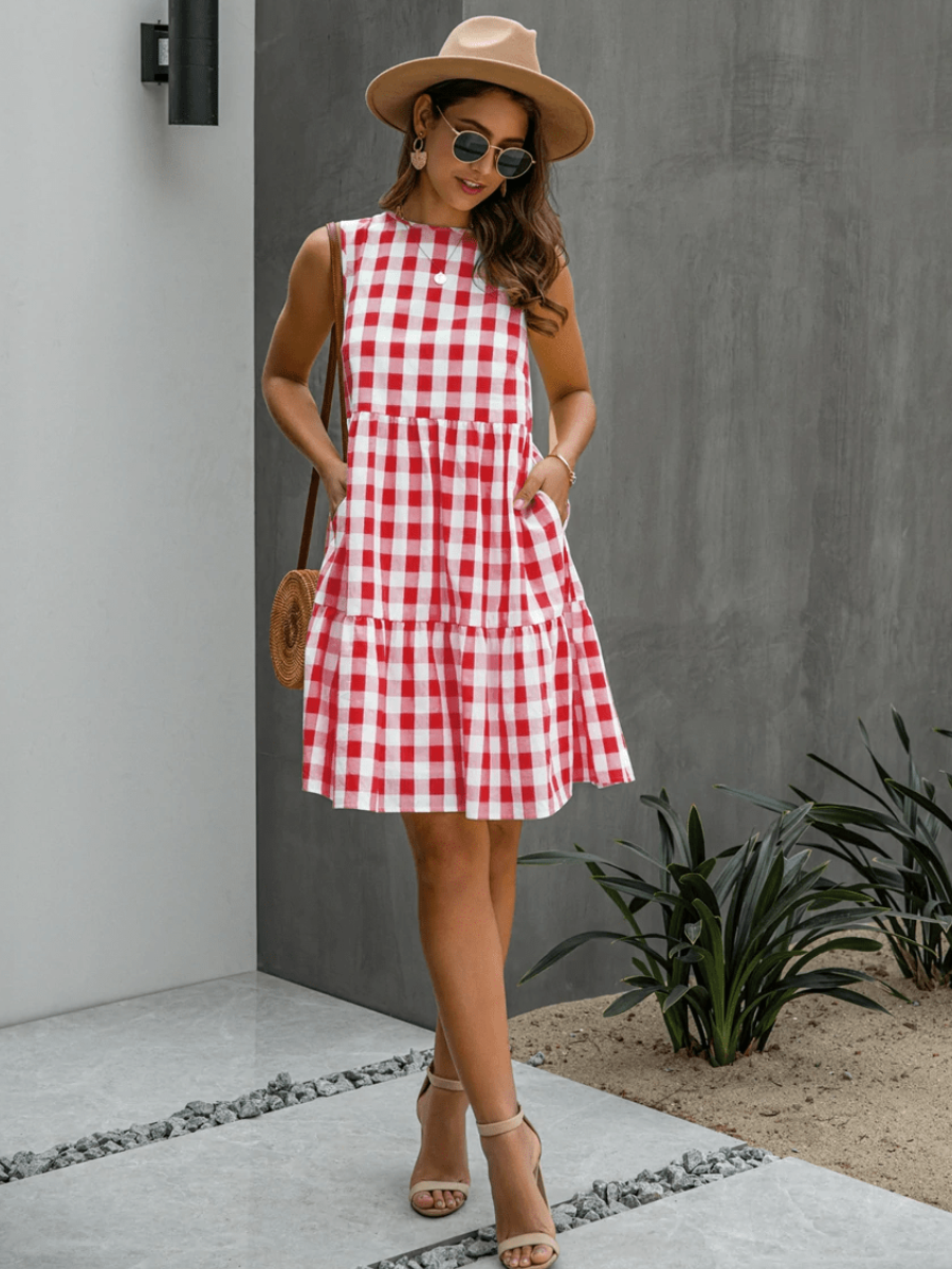 Hippie dress with red plaid pattern