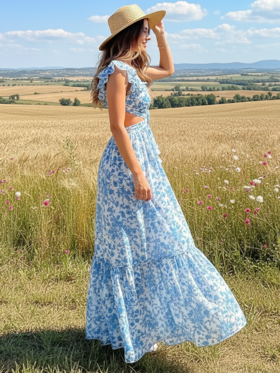Deep V-Neck Backless Floral Dress