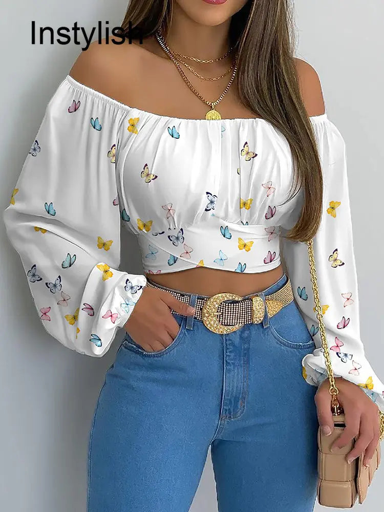 Boho Floral Crop Top Bardot and Long Sleeves