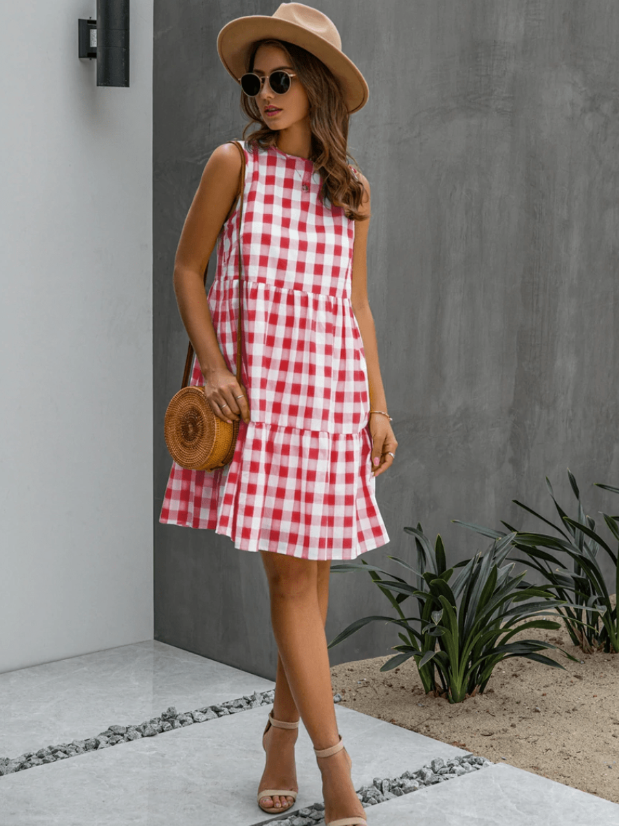 Hippie dress with red plaid pattern