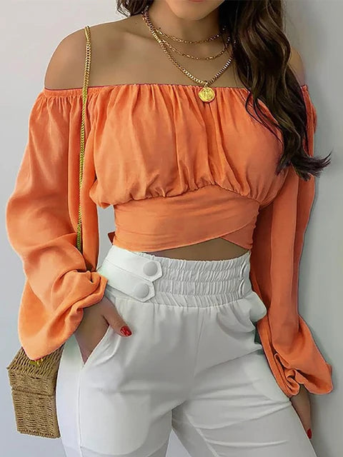 New Bohemian Style Lady Casual Long-Sleeve Cropped Top Loose Wide