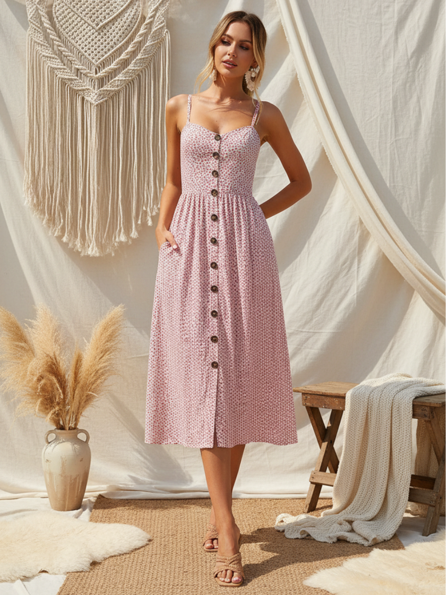 Boho Button Front Midi Dress