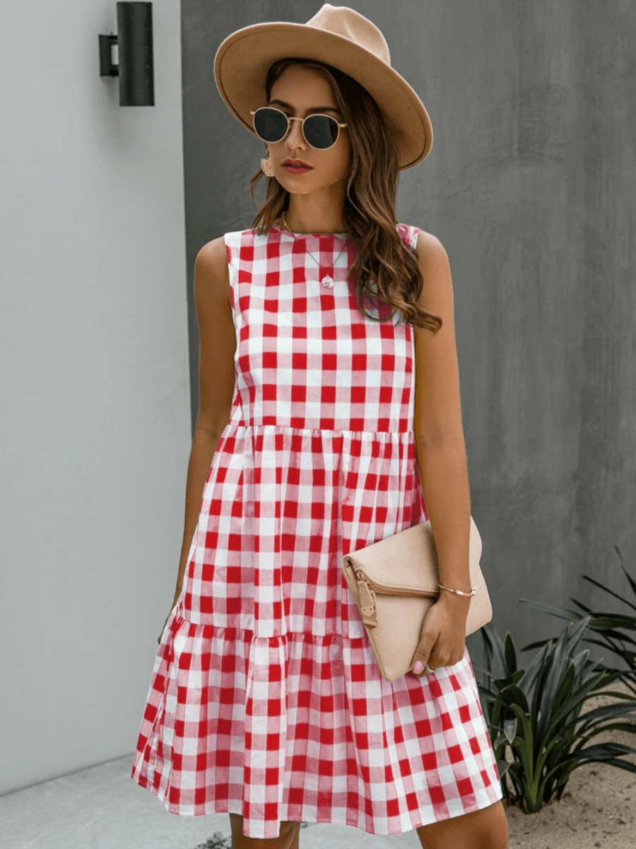 Hippie dress with red plaid pattern