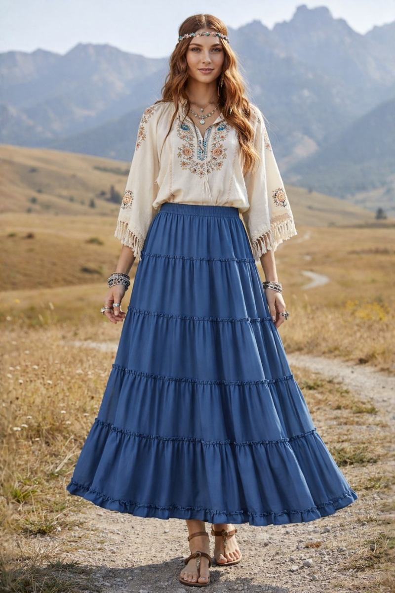 Boho Long Airy Pleated Skirt