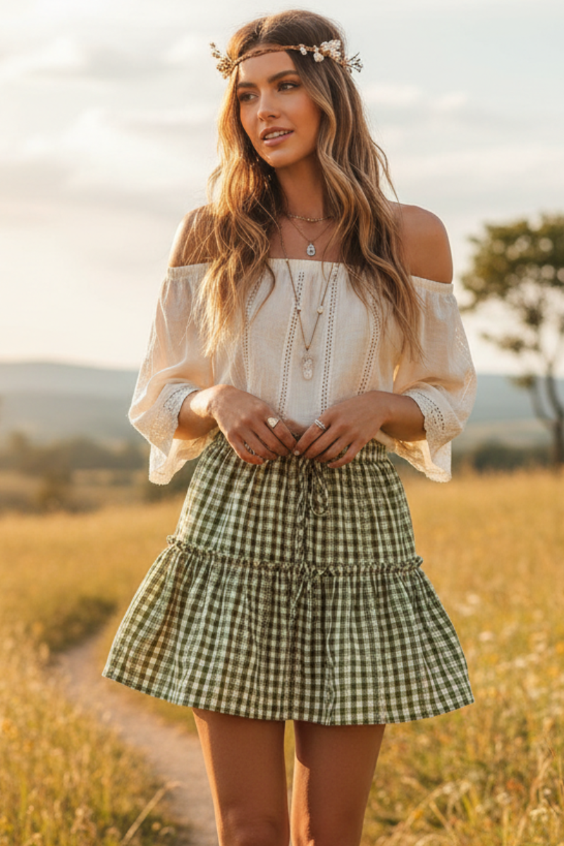 Boho Mini Skirt with Plaid Print