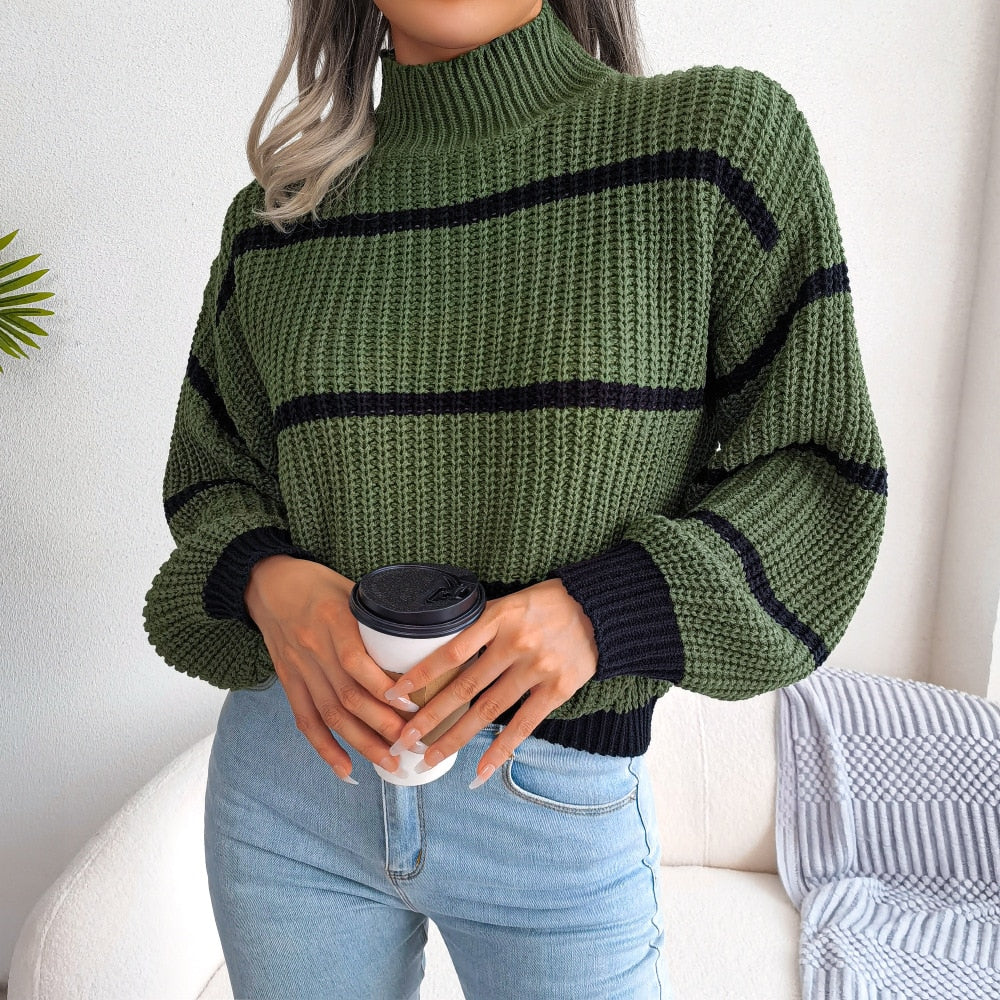 Green Boho High Neck Sweater with Stripes