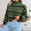 Green Boho High Neck Sweater with Stripes