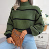 Green Boho High Neck Sweater with Stripes